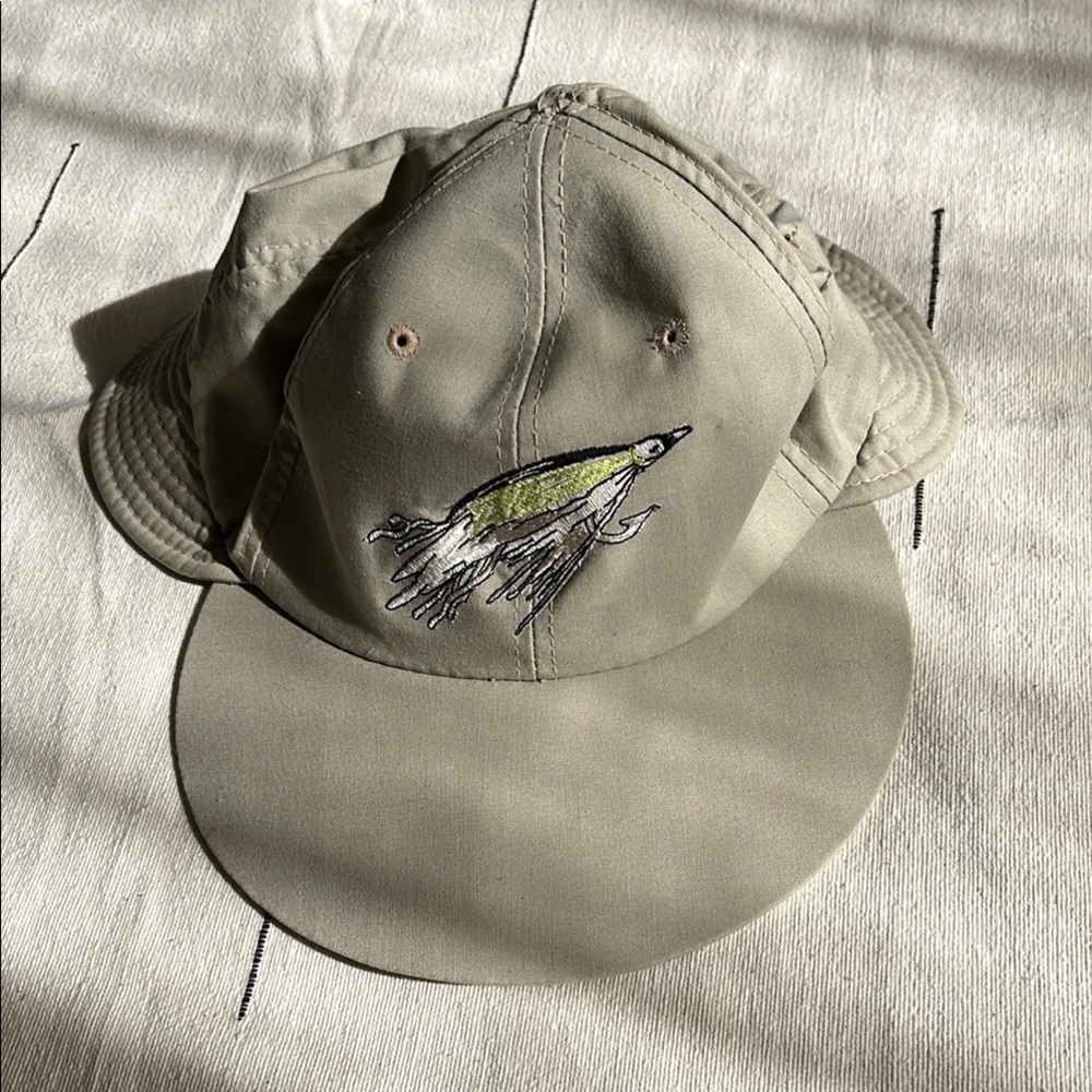 Beige Fishing Embroidered Cap with Bucket and Brim 90s Y2K
